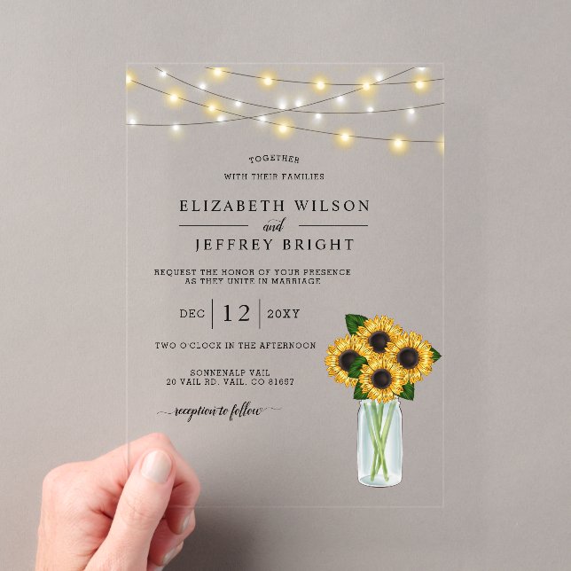 Barn Wood String Lights Sunflowers Wedding Acrylic Invitations (Insitu (Handheld))