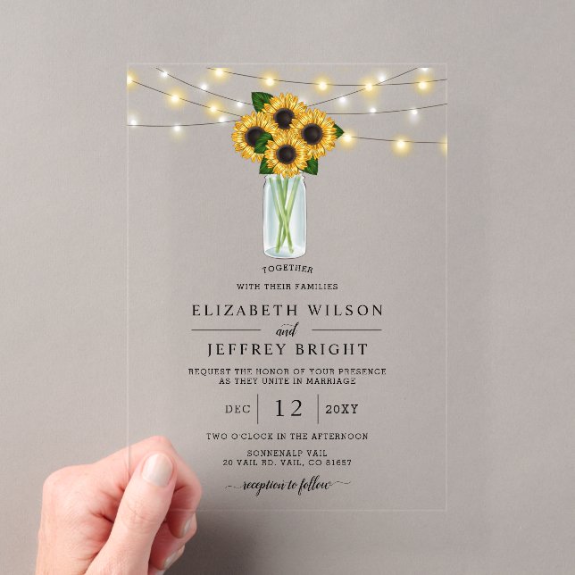 Barn Wood String Lights Sunflowers Wedding  Acrylic Invitations (Insitu (Handheld))