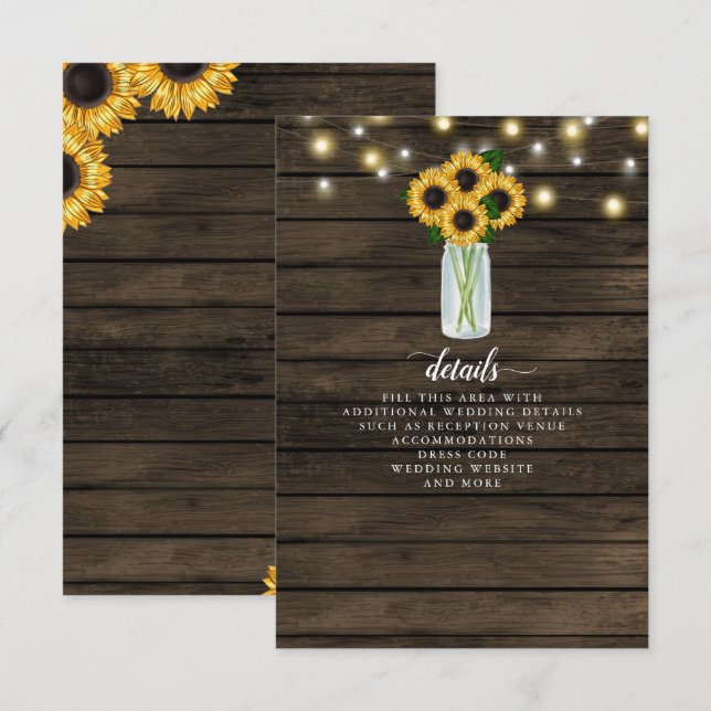 Barn Wood String Lights Sunflowers Wedding  Enclosure Card (Front/Back)
