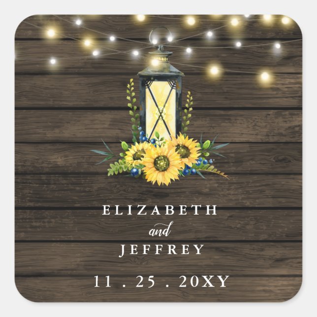 Barn Wood String Lights Sunflowers Wedding  Square Sticker (Front)