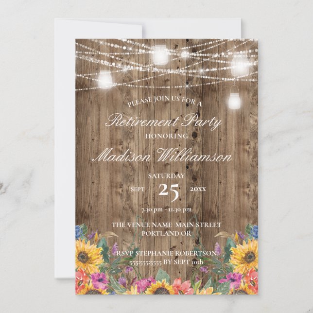 Barn Wood String Of Lights & Sunflower Retirement  Invitation (Front)