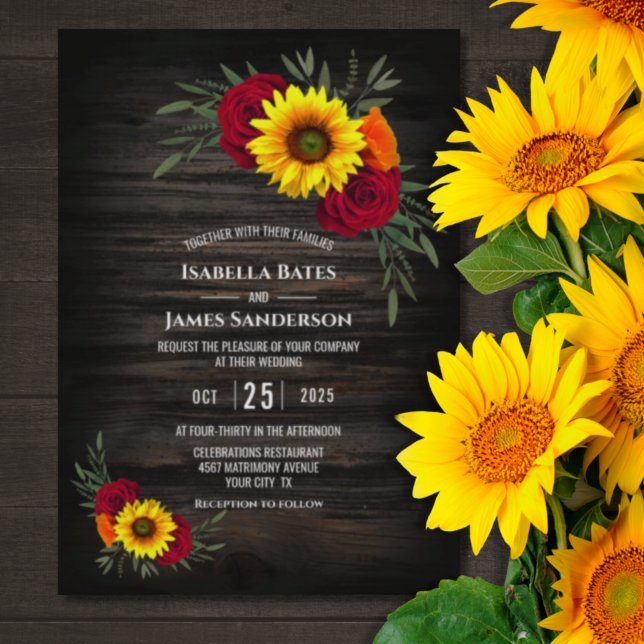 Barn Wood Sunflower Burgundy Rose Wedding Invitation (Creator Uploaded)