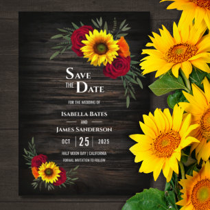 Barn Wood Sunflower Burgundy Rose Wedding Save The Date