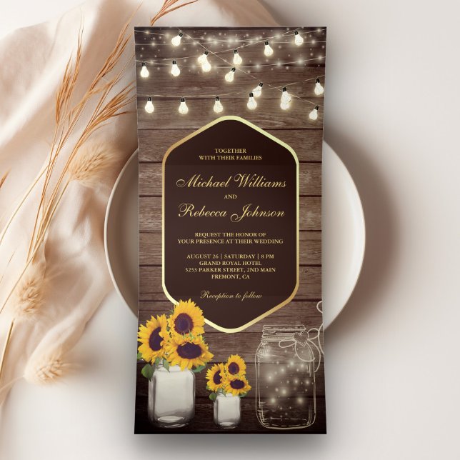 Barn Wood Sunflower Mason Jar String Light Wedding Tri-Fold Invitation (Creator Uploaded)