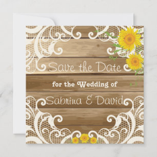 Barn Wood Sunflowers and Vintage Lace Save the Dat Date