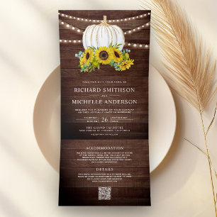 Barn Wood Sunflowers White Pumpkin QR Code Wedding Tri-Fold Invitation