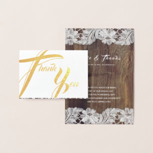 Barn Wood White Lace Wedding Thank You   Foil Card