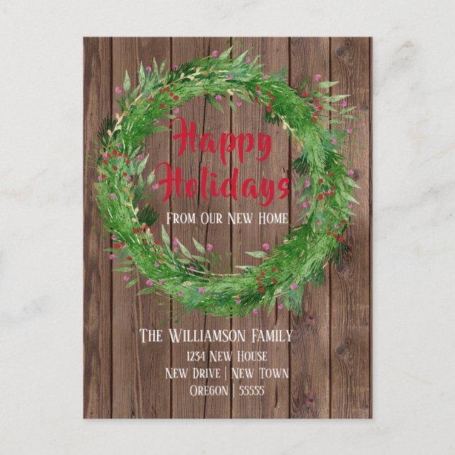 Barn Wood Winter Greenery New Home Happy Holidays Postcard (Front)