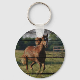 Barn Woodgrain Country Ranch Galloping Brown Horse Keychain