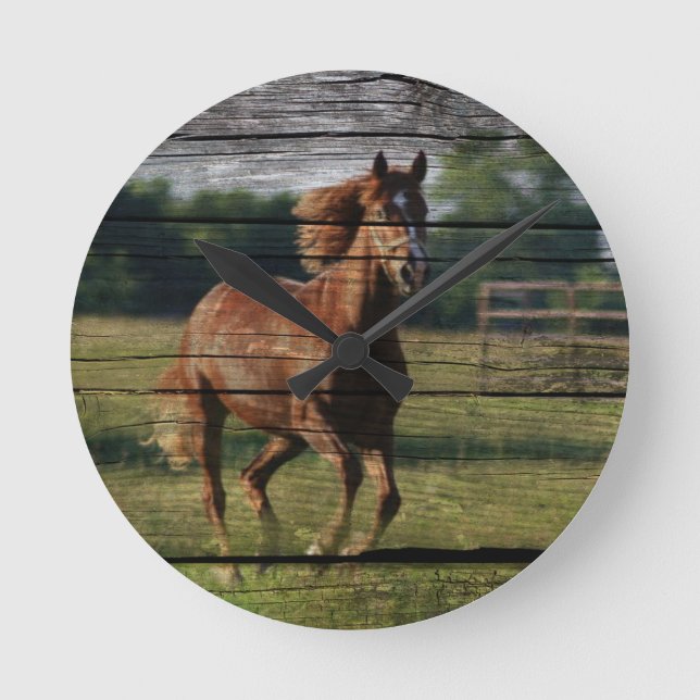 Barn Woodgrain Country Ranch Galloping Brown Horse Round Clock (Front)