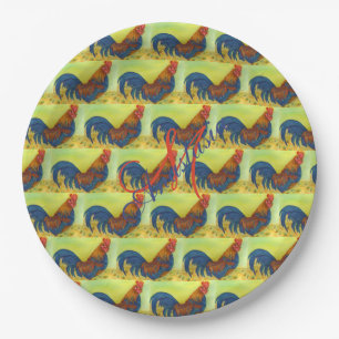 BARN YARD FUN ROOSTER MONOGRAM PARTY PAPER PLATE