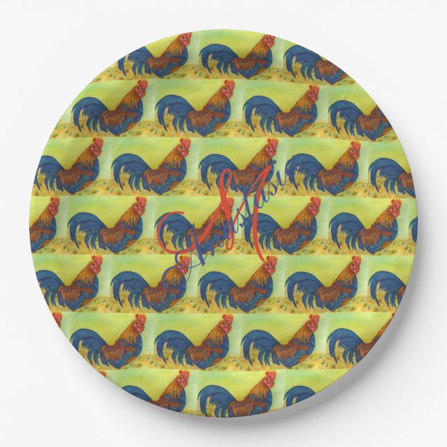 BARN YARD FUN ROOSTER MONOGRAM PARTY PAPER PLATE (Front)