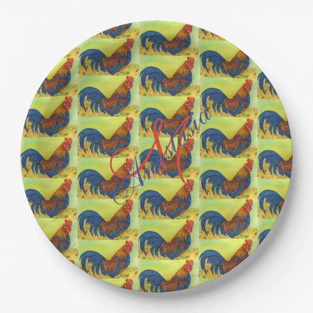 BARN YARD FUN ROOSTER MONOGRAM PARTY PAPER PLATE (Front)