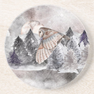 Barne Owl Moon Aquarelle Forêt Dessous de verre de