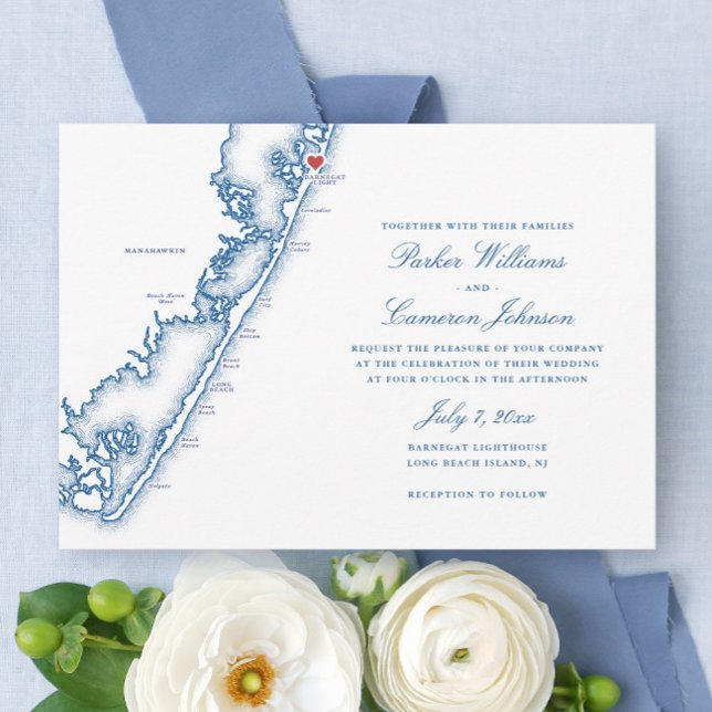 Barnegat Light NJ Map Elegant Navy Blue Wedding Invitation (Barnegat Light NJ Map Long Beach Island Wedding Invitation in elegant navy blue, Coastal Map Designs)