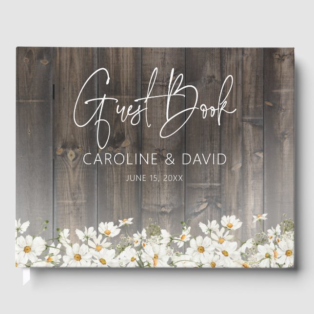 Barnwood and Daisies Rustic Wedding Guest Book (Front)