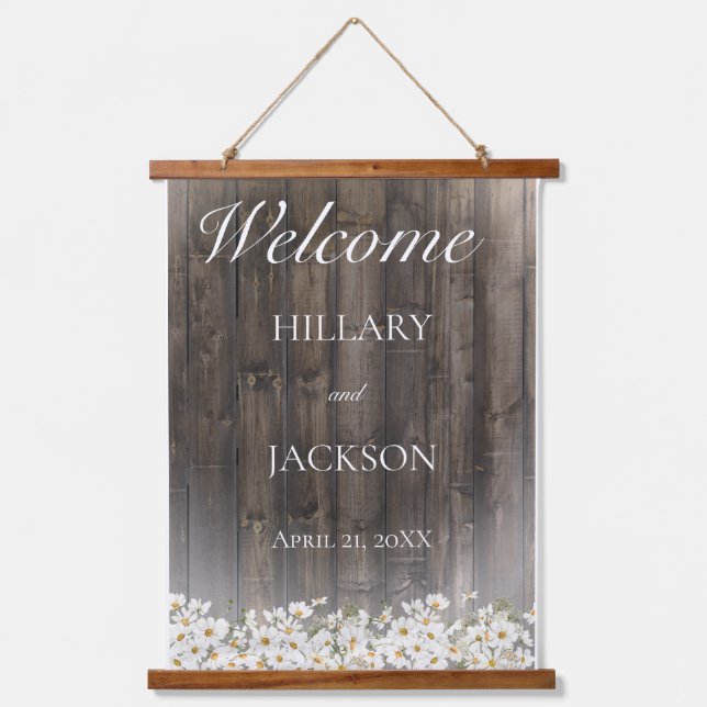 Barnwood and Daisies Rustic Wedding Hanging Tapestry (Front)