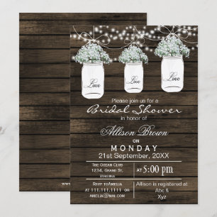 Barnwood babys breath mason jar bridal shower invitation