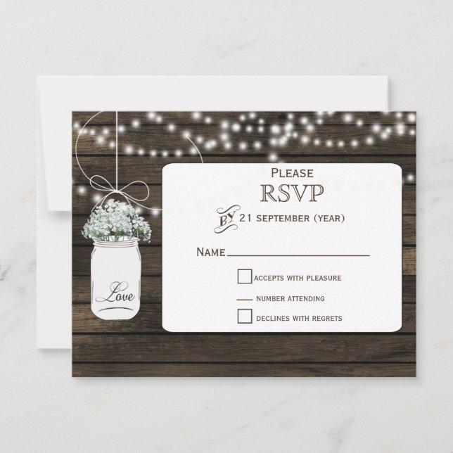 Barnwood bébé's breath mason jarres mariage RSVP (Devant)