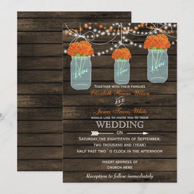 Barnwood, bocal de mason orange invitations de mar (Devant / Derrière)