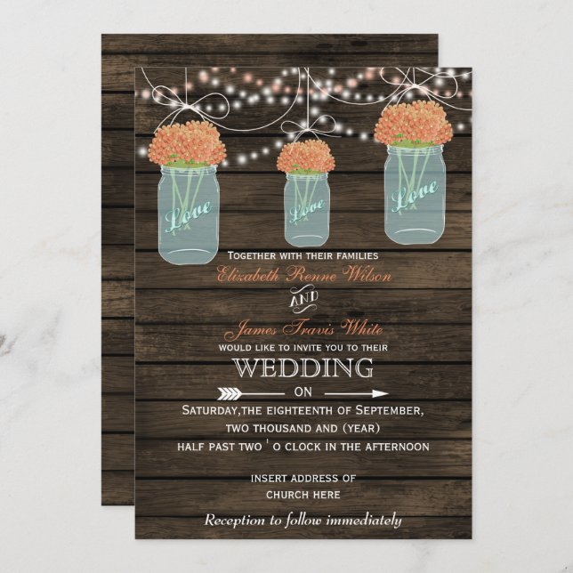 Barnwood, corail mason invitations mariage jarre (Devant / Derrière)