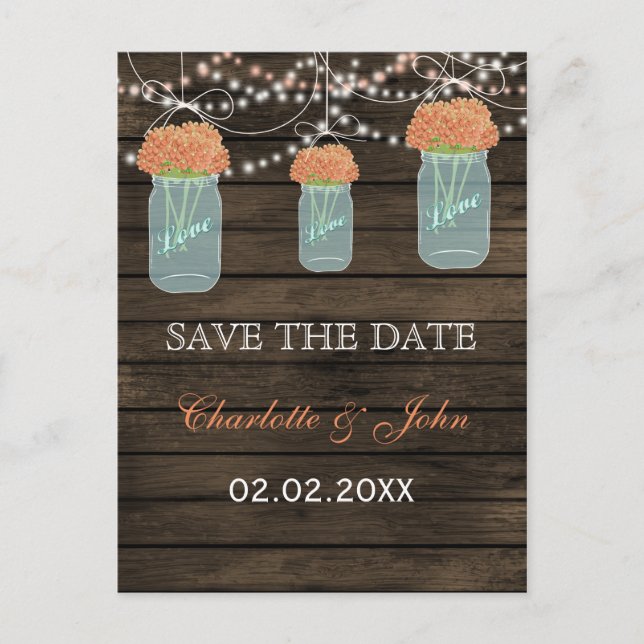 Barnwood coral flowers mason jars save dates announcement postcard (Front)