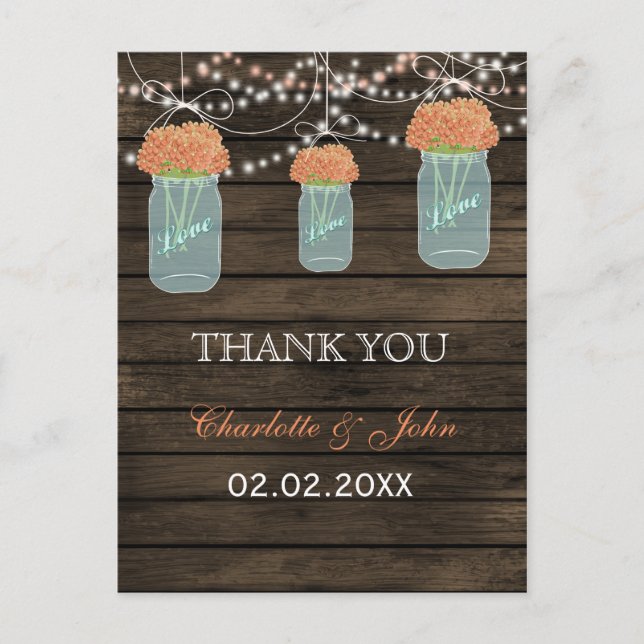 Barnwood coral flowers mason jars Thank You notes Postcard (Front)