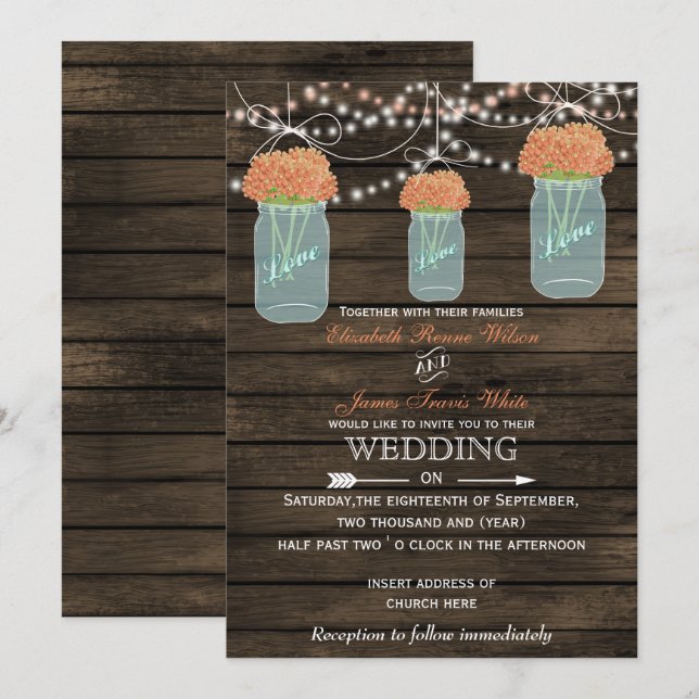 Barnwood, coral mason jar wedding invitations (Front/Back)