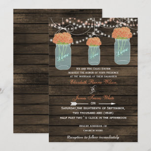 Barnwood, coral mason jar wedding invites