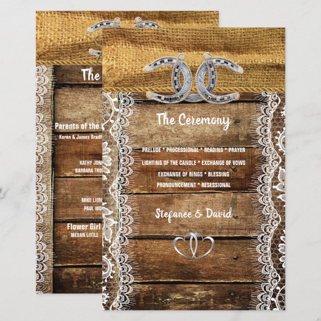 Barnwood, Lace Horseshoes Programme de mariage (Devant / Derrière)