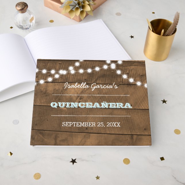 Barnwood Lights Aqua Quinceañera Guest Book (Front Open)
