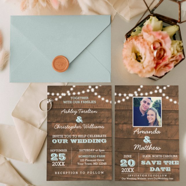 Barnwood Lights Aqua Wedding Invitation (Creator Uploaded)