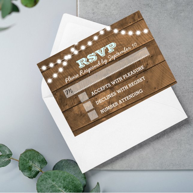 Barnwood Lights Aqua Wedding RSVP Card (Creator Uploaded)