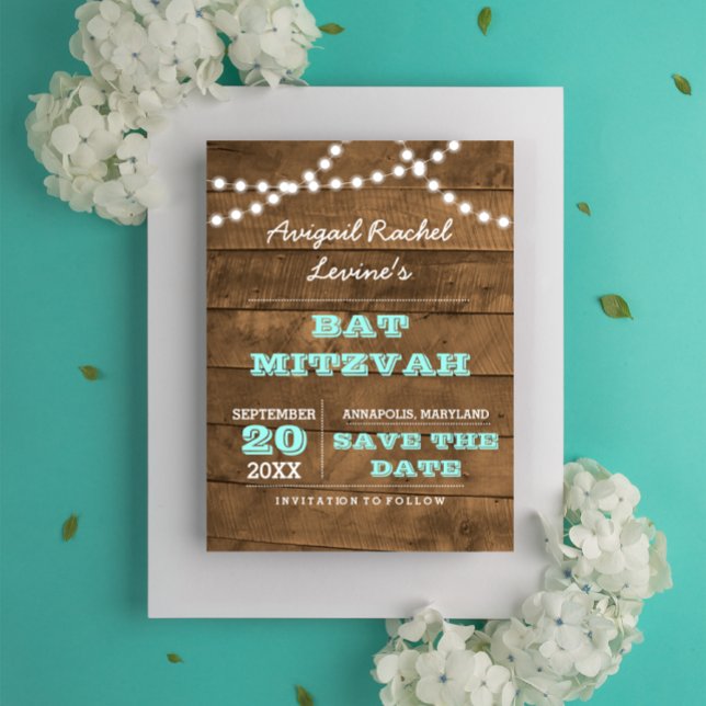 Barnwood Lights B"H Teal Bat Mitzvah Save the Date Announcement Postcard (Creator Uploaded)