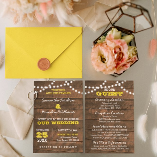 Barnwood Lights Gold Wedding Invitation (Creator Uploaded)