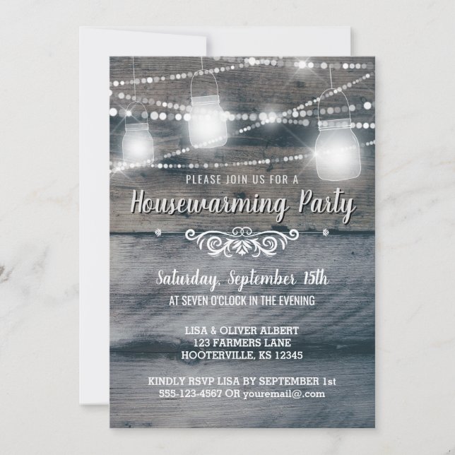 Barnwood Lights Jars Rustic Housewarming Party Invitation (Front)