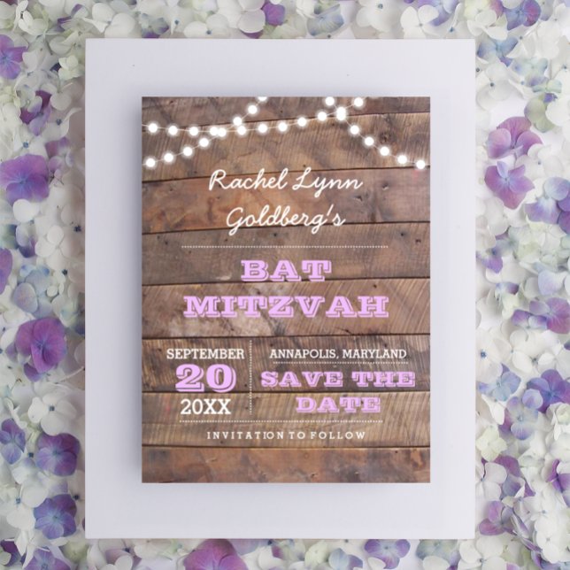 Barnwood Lights Lilac Bat Mitzvah Save the Date Announcement Postcard (Creator Uploaded)