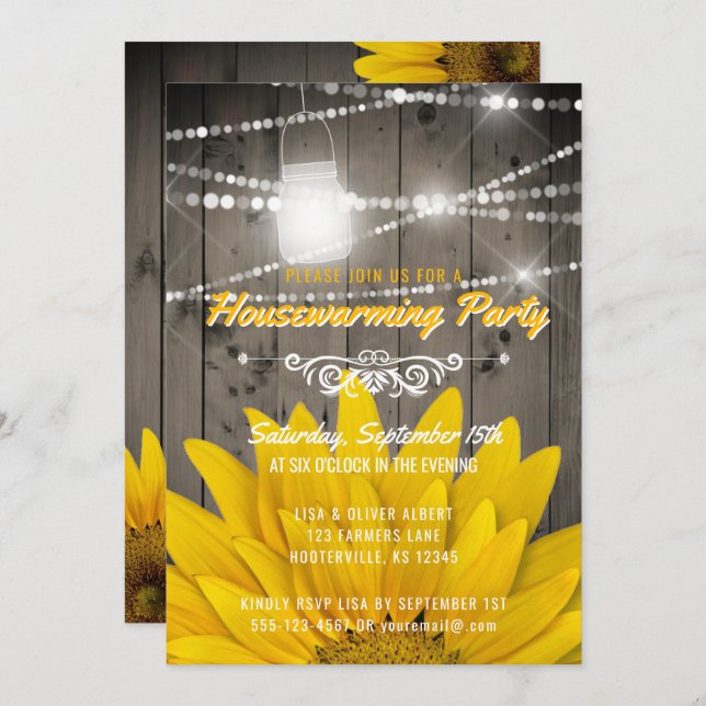 Barnwood Lights Mason Jar Sunflower Housewarming Invitation (Front/Back)