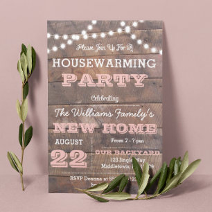 Barnwood Lights Pink Housewarming Invitations
