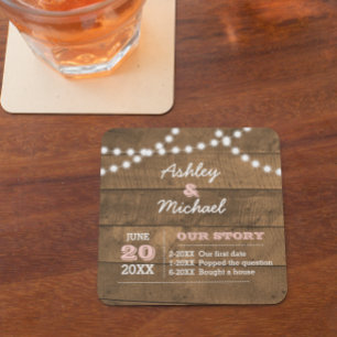 Barnwood Lights Pink Personalized Wedding Coaster