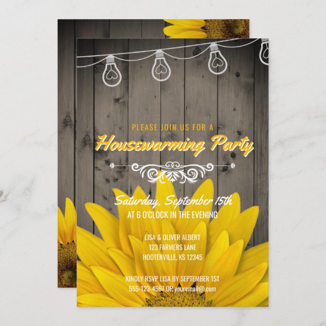 Barnwood Lights Rustic Sunflower Housewarming Invitation (Front/Back)