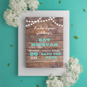 Barnwood Lights Teal Bat Mitzvah Save the Date Announcement Postcard