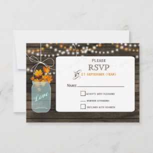 Barnwood mason jar fall wedding RSVP 3.5 x 5 Card