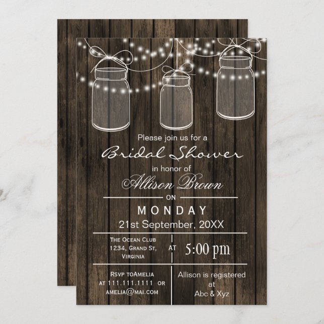 Barnwood mason jar rustic bridal shower invitation (Front/Back)