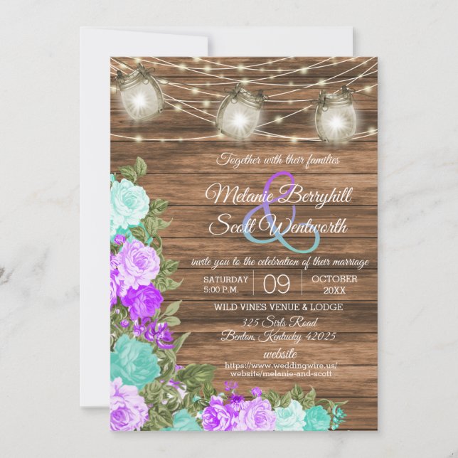 Barnwood, Mason Jars and Teal, Purple Floral Invitation (Front)