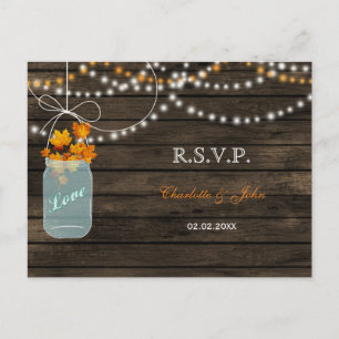 Barnwood mason jars fall wedding RSVP Invitation Postcard