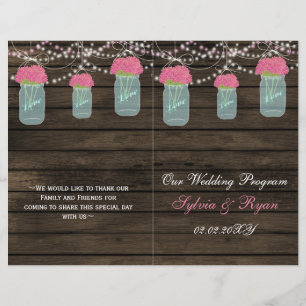 Barnwood mason jars, pink flowers programs folded