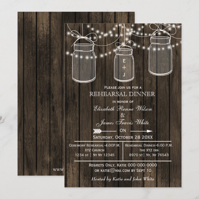 Barnwood,mason jars rustic rehearsal dinner invite (Front/Back)