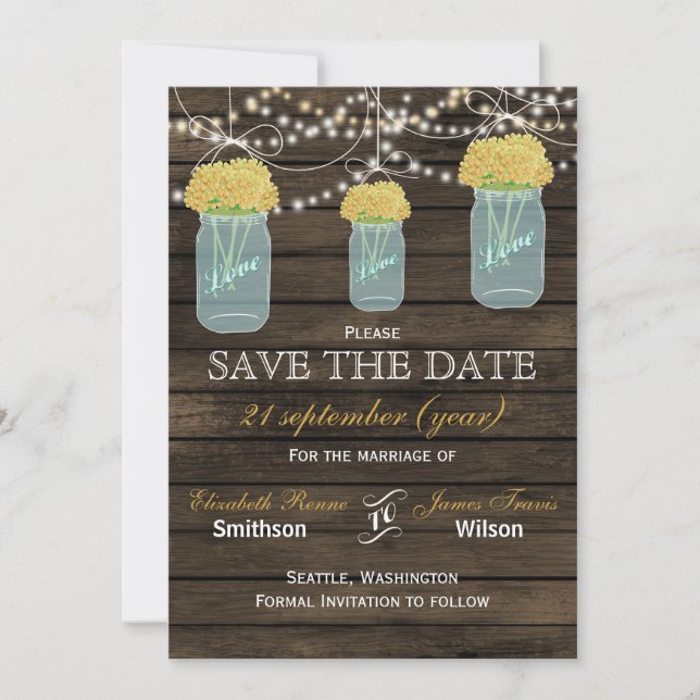 Barnwood mason jars yellow flowers save the date (Front)