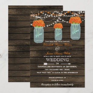 Barnwood, orange mason jar wedding invitations